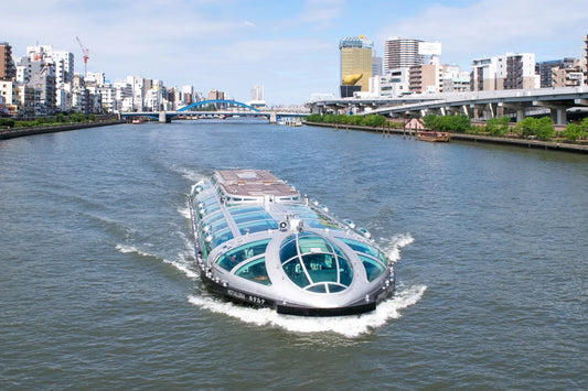 The futuristic Hotaluna water bus cruising down the Sumida River